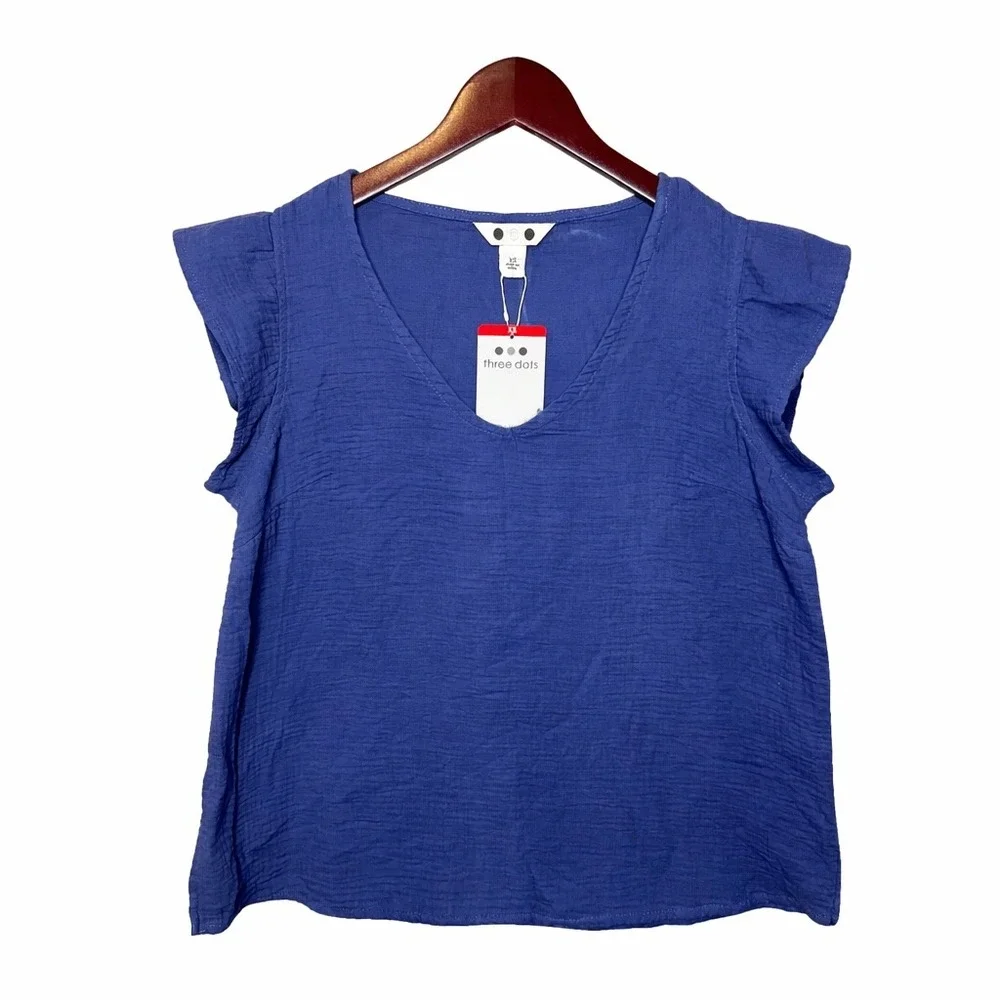 Three Dots Periwinkle Blue Cotton Gauze V-Neck Flutter Sleeve Top ALT5092S XS